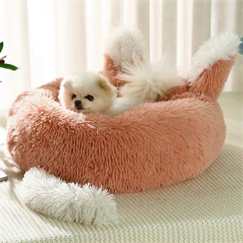 Foxy Plush Pet Bed with Ears and Tail for Cats and Small Dogs